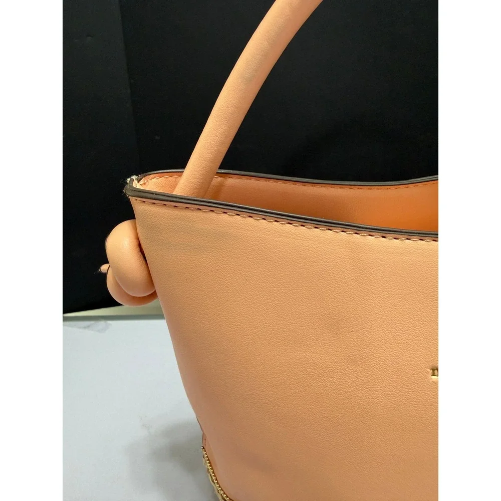 Nanette Lepore Blush Pink Woven Straw Bucket Handbag Knotted Sides